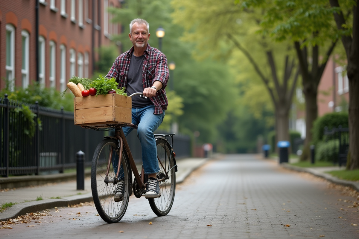 Homme à vélo avec légumes dans une rue urbaine