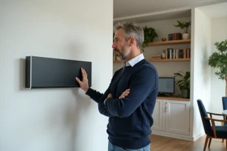 Homme examinant une unité de ventilation moderne dans son salon