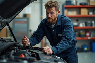 Homme en overalls vérifiant la courroie d'un moteur moderne