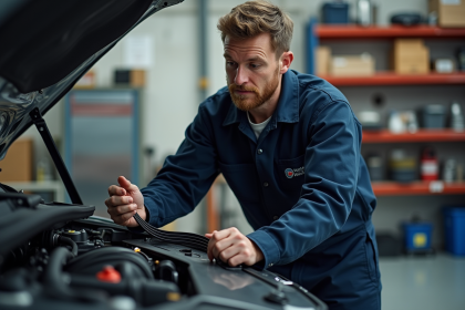 Homme en overalls vérifiant la courroie d'un moteur moderne