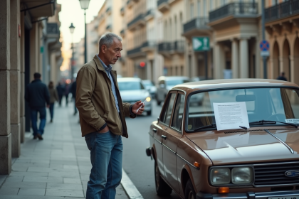 Homme confus lisant une note sur une voiture en ville