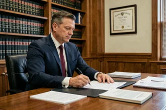 Huissier de justice en costume sombre assis à son bureau avec des documents officiels, dans un cabinet professionnel aux étagères remplies de livres juridiques