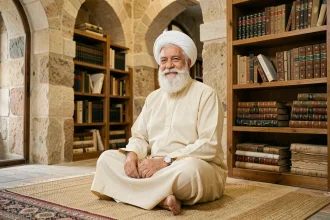 Vieux savant islamique en tenue traditionnelle assis parmi des manuscrits arabes anciens dans une bibliothèque à l'architecture de pierre, évoquant l'héritage de l'imam Malik ibn Anas