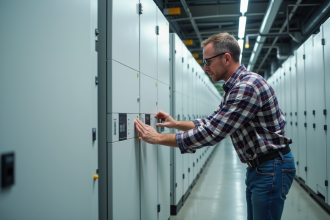 Ingénieur homme installant batteries lithium dans une centrale