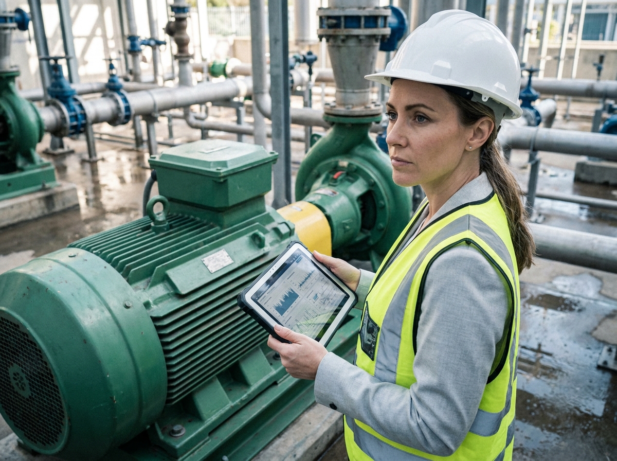 Ingénieure électrique analysant les performances d'un moteur industriel couplé à une pompe en usine de traitement