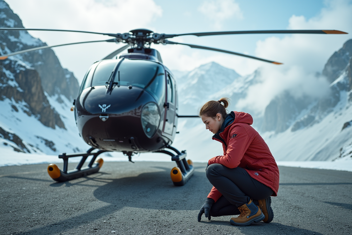 Jeune femme ingénieure inspectant un hélicoptère en montagne