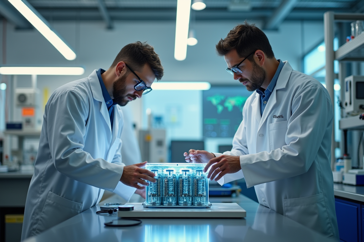 Deux ingénieurs analysant une pile a combustible hydrogene