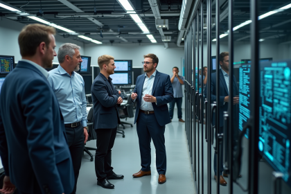 Groupe d'ingénieurs autour d'un ordinateur quantique moderne