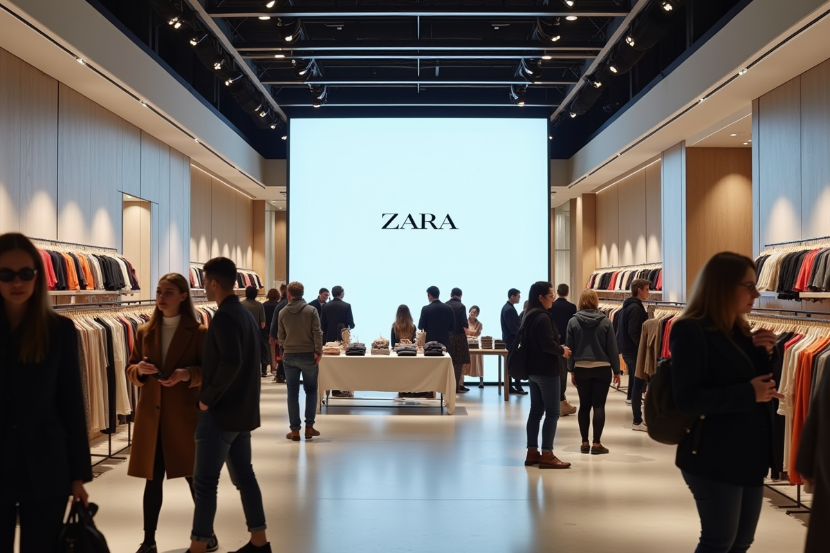 Clients dans l interieur d un magasin zara avec ecran d actualites
