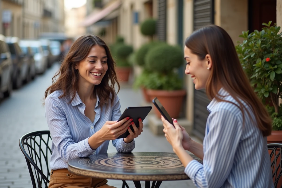 Deux amies dans un café parisien partageant un lien d'invitation pour jouer à la belote gratuite Cliqojeux sur tablette et smartphone