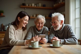 Femme montrant l'application de belote gratuite Cliqojeux sur smartphone à ses parents autour d'une table de cuisine conviviale