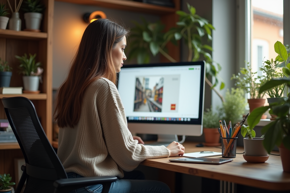 Jeune femme designer travaillant sur son ordinateur dans un bureau cosy
