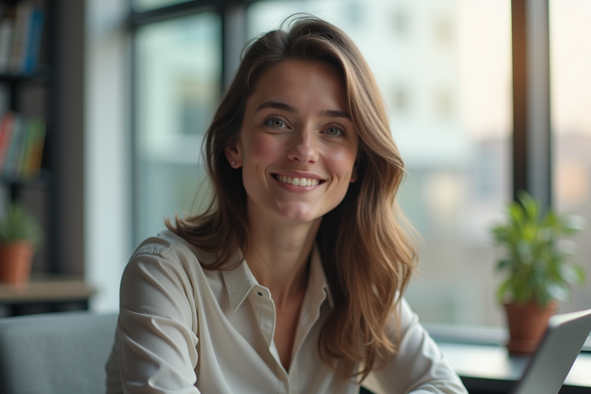 Jeune femme confiante au bureau pour l article