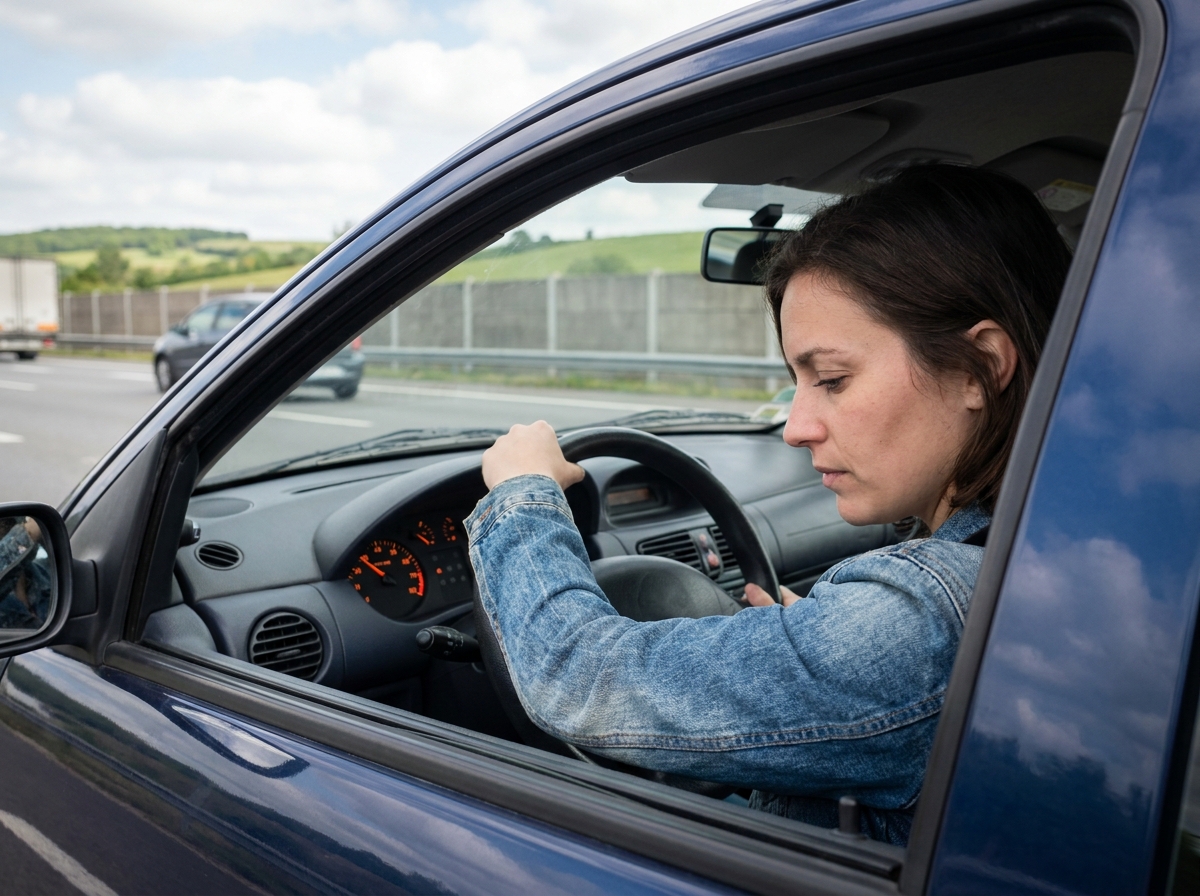 Jeune femme en denim conduisant sur l