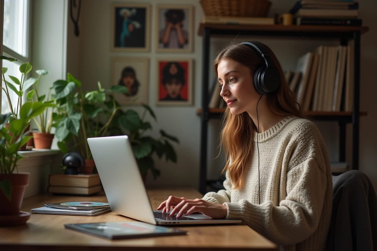 Jeune femme avec écouteurs sur un bureau ensoleille