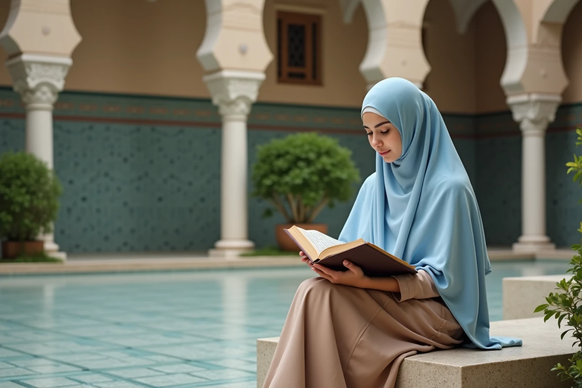 Jeune femme musulmane lisant le Quran dans la cour