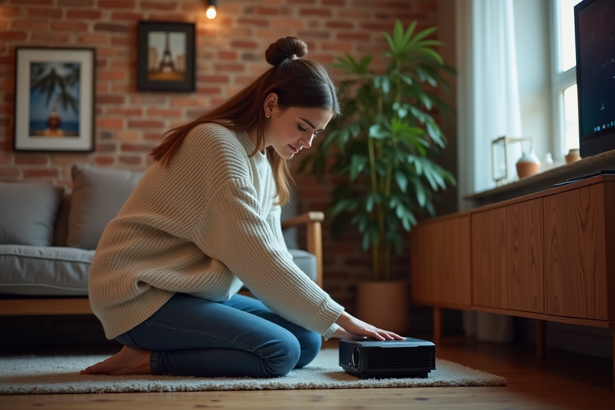 Jeune femme ajustant un projecteur dans un appartement cosy
