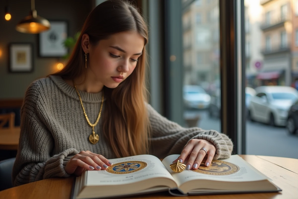 Jeune femme comparant un pendentif templier moderne avec un livre