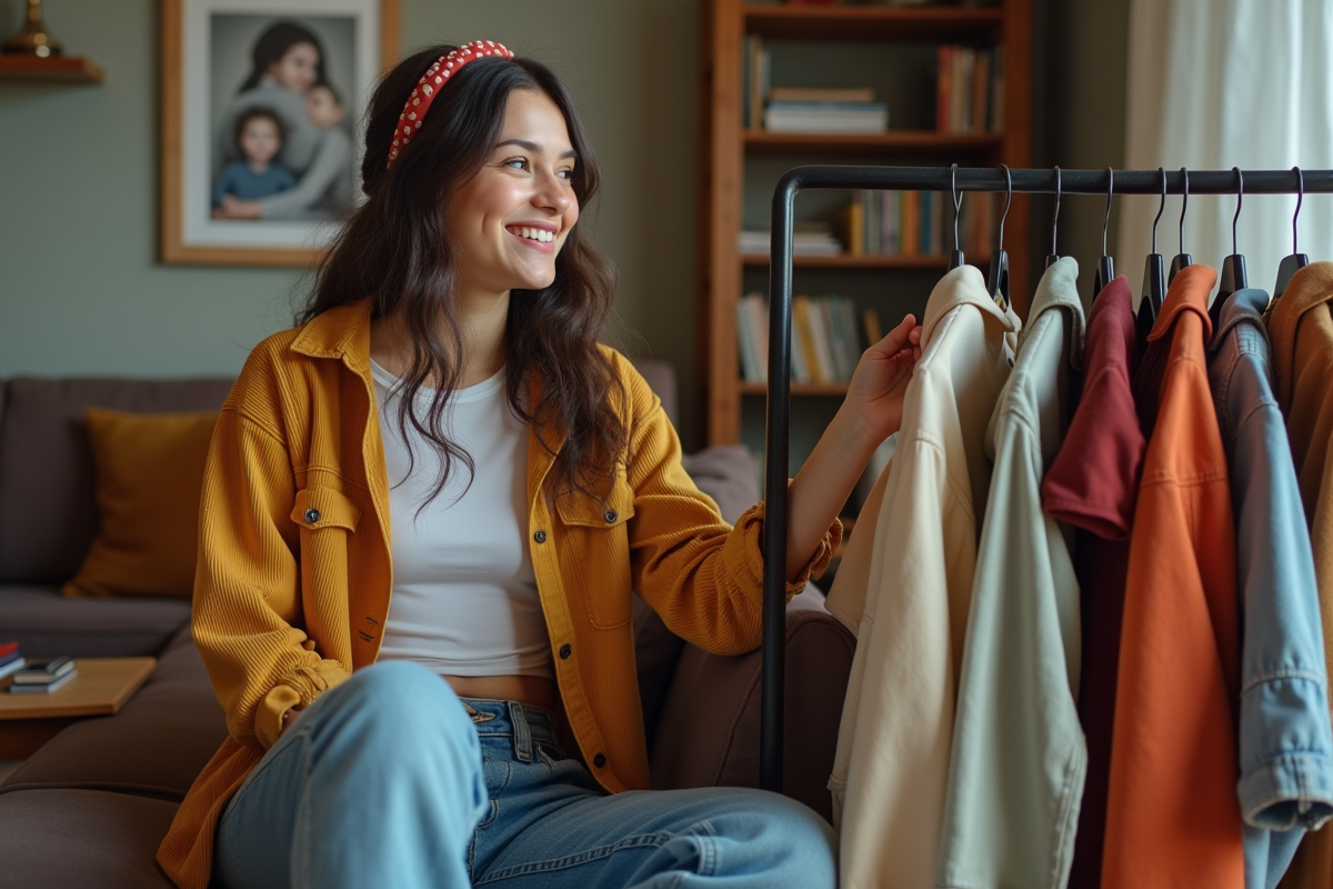 Jeune femme choisissant des vêtements dans un salon