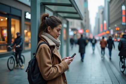 Jeune femme urbaine vérifiant son téléphone à un arrêt de bus