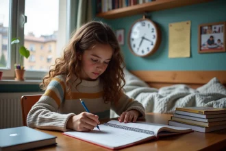 Jeune fille concentr&eacute;e convertissant des minutes en heures dans son carnet
