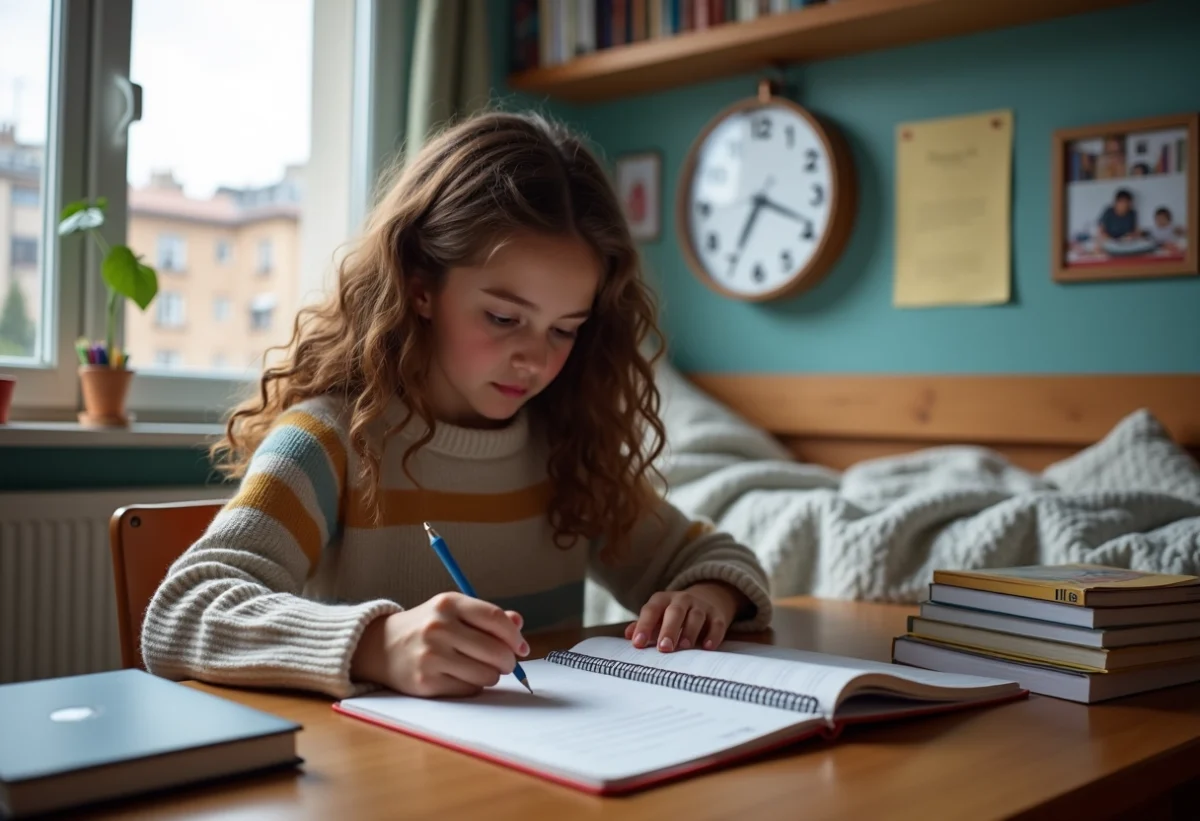 Jeune fille concentrée convertissant des minutes en heures dans son carnet