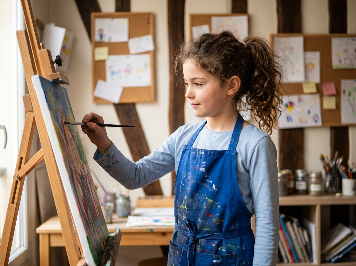 Jeune fille peignant sur un chevalet dans un atelier d'arts créatifs pour enfants à Paris