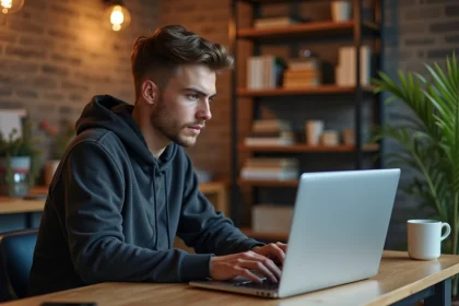 Jeune homme concentré sur son ordinateur dans un intérieur moderne