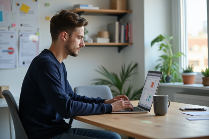 Jeune homme au bureau utilisant un ordinateur portable