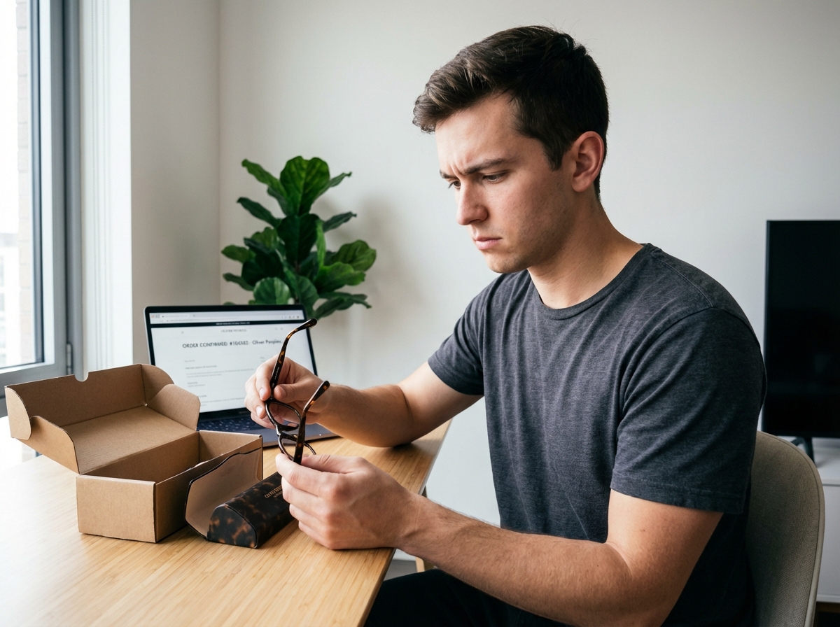 Jeune homme examinant ses nouvelles lunettes à la maison