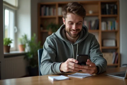 Jeune homme jouant &agrave; Monopoly GO sur smartphone &agrave; la maison