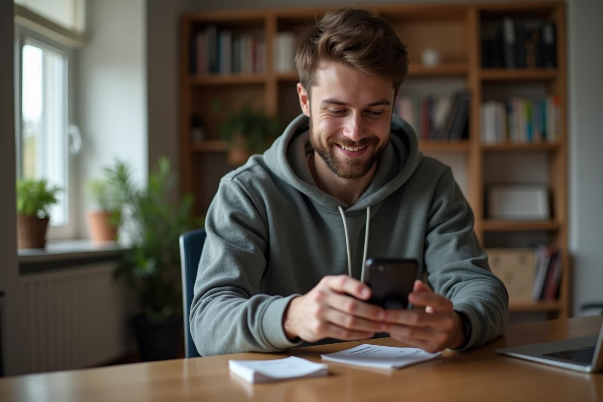 Jeune homme jouant à Monopoly GO sur smartphone à la maison
