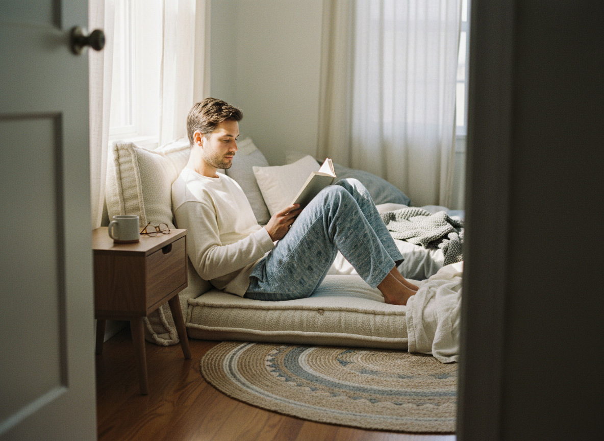Jeune homme relaxant avec un livre dans une chambre lumineuse