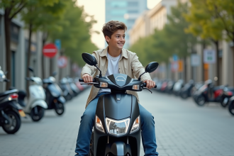 Jeune garçon souriant vérifiant le rétroviseur d'une moto 50cc en ville