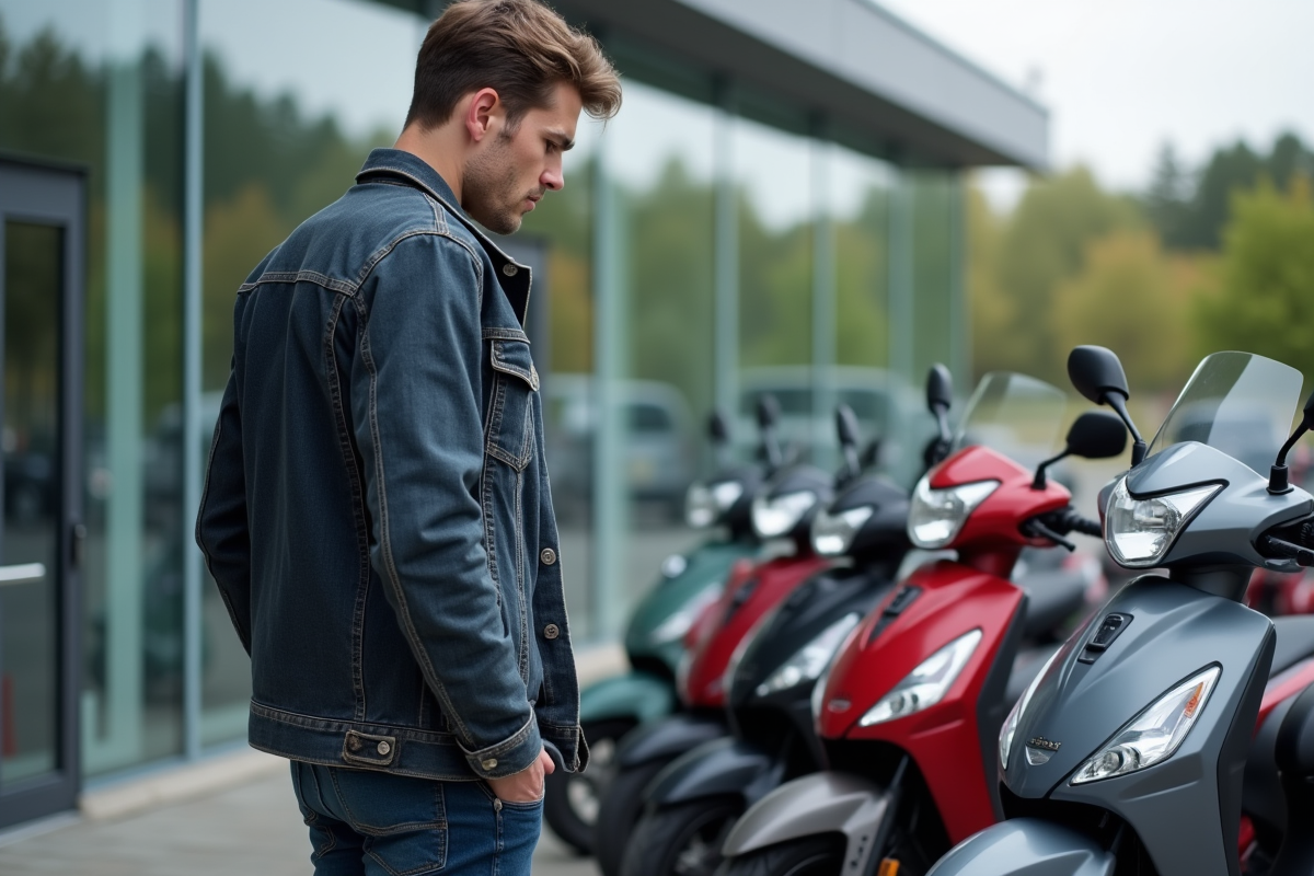 Jeune homme examine motos 125cc en concession