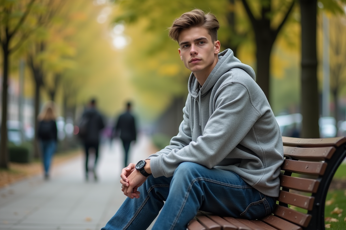 Jeune homme en streetwear assis sur un banc de parc