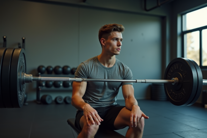 Jeune homme en salle de sport avec haltère olympique