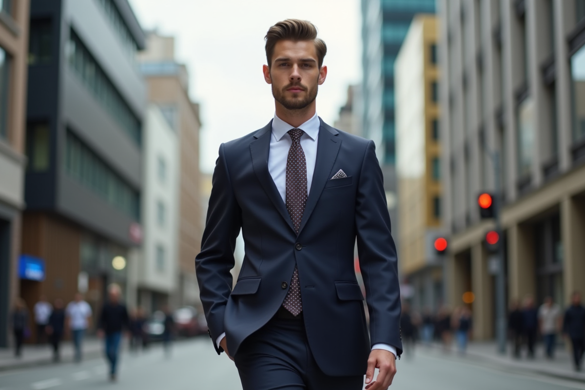 Jeune homme en costume dans une rue urbaine animée