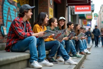 Groupe de jeunes en streetwear des ann&eacute;es 90 dans la ville