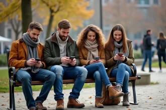 Groupe de jeunes adultes sur un banc de parc en automne