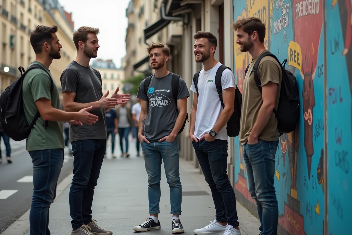Groupe de jeunes comiques francais discutant sur un trottoir parisien