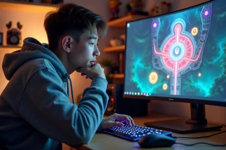 Joueur concentré devant un écran affichant une carte de jeu Dofus avec des portails colorés