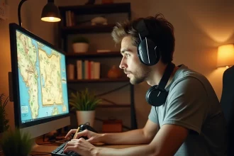 Joueur concentré consultant une carte de quête RPG sur son écran pour trouver l'itinéraire rapide de la quête Il y a un os de Wabbit