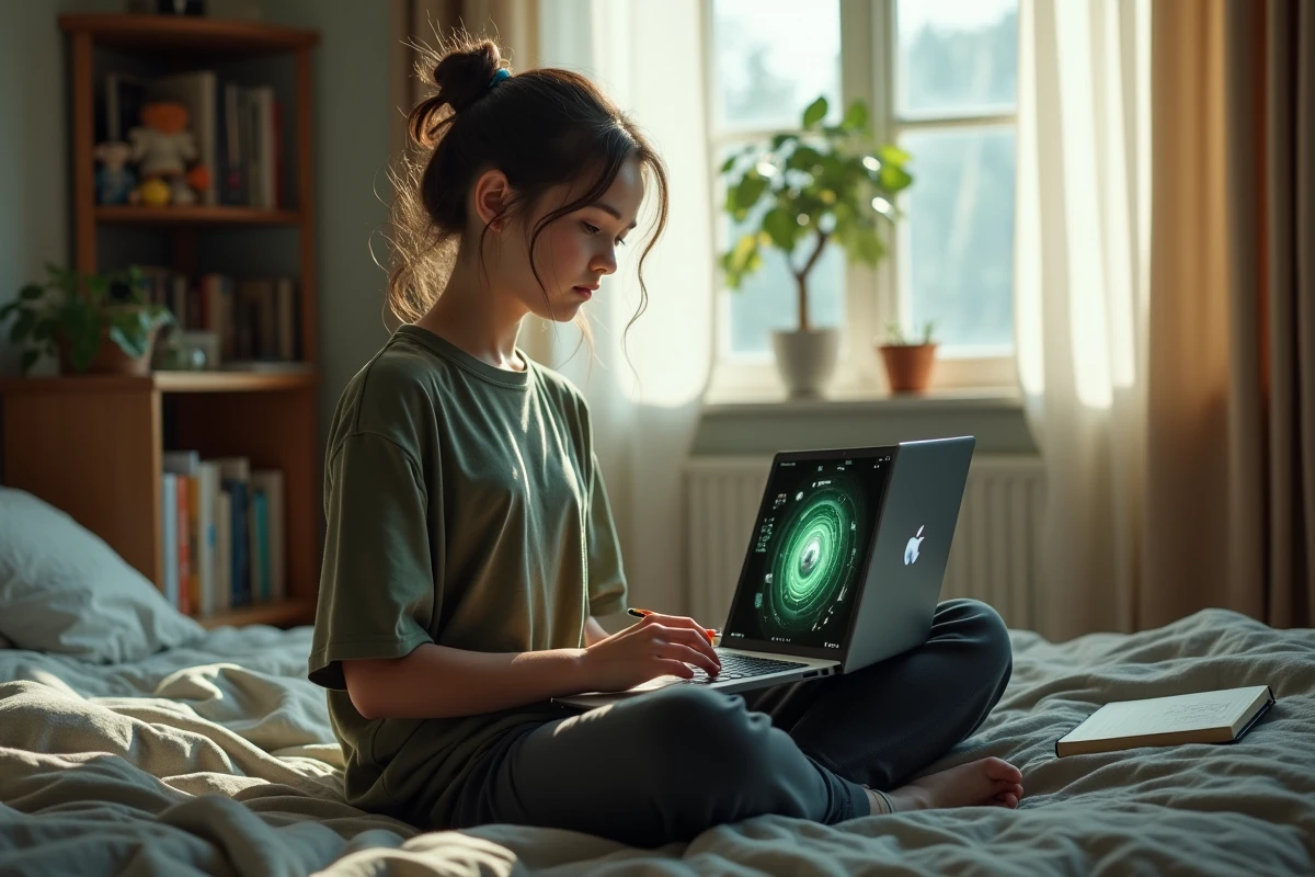 Adolescente prenant des notes sur les portails bas niveau du jeu Dofus sur son lit