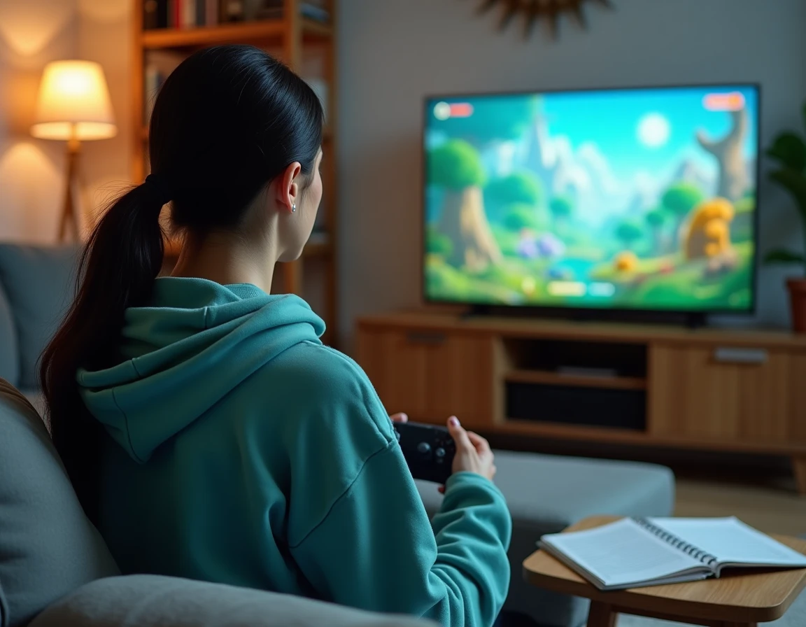 Joueuse suivant la quête Os de Wabbit sur console dans son salon avec une guide imprimée et un carnet de notes