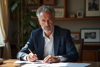 Journaliste français en bureau avec notes et livres