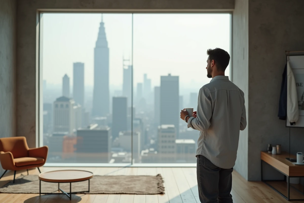 Jeune homme regardant la ville depuis son appartement minimaliste, tenant une tasse de café, symbolisant l'équilibre entre vie publique et intimité personnelle
