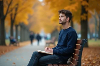 Jules Torres assis seul sur un banc de parc en automne, tenant un carnet fermé, regard pensif tourné vers l'horizon, illustrant la gestion de la vie privée face à la notoriété