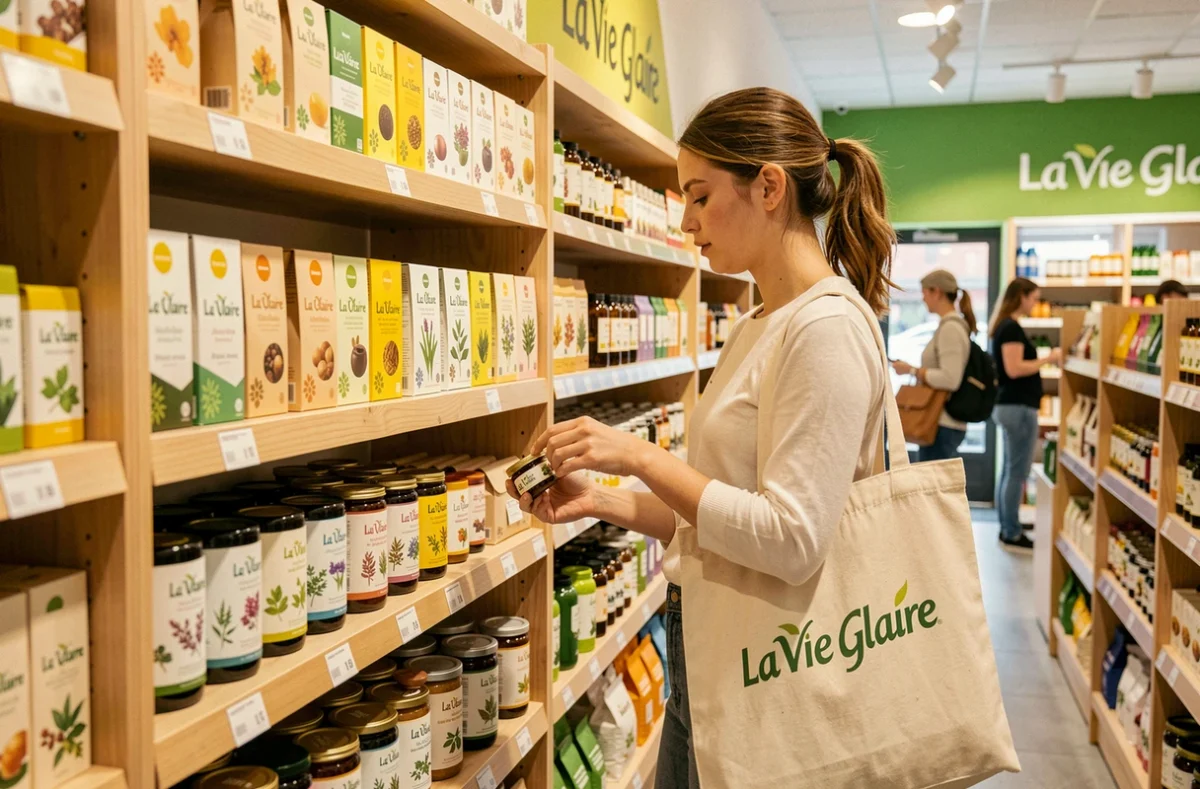 Cliente choisissant des tisanes et compléments alimentaires naturels dans le magasin La Vie Claire de Rouen