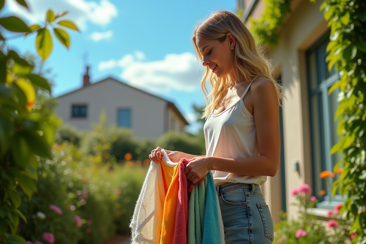 Personne lavant à la main des vêtements en coton bio dans un jardin urbain